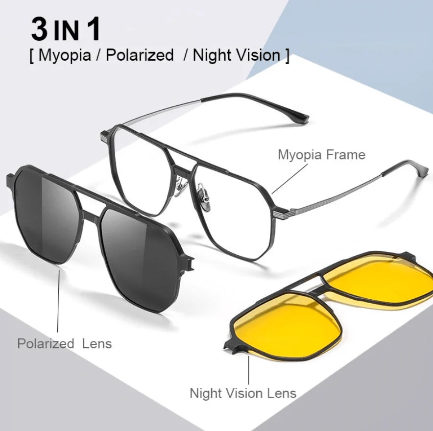 3-in-1 Magnetic Clip-On Sunglasses + Eyeglasses for Men & Women 🕶️✨ (Night Vision Driving, UV Protection)