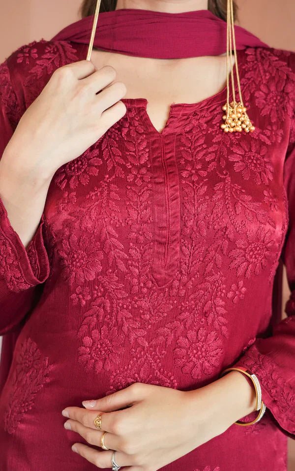 Red chinon chikankari 3 pc set in - Image 3