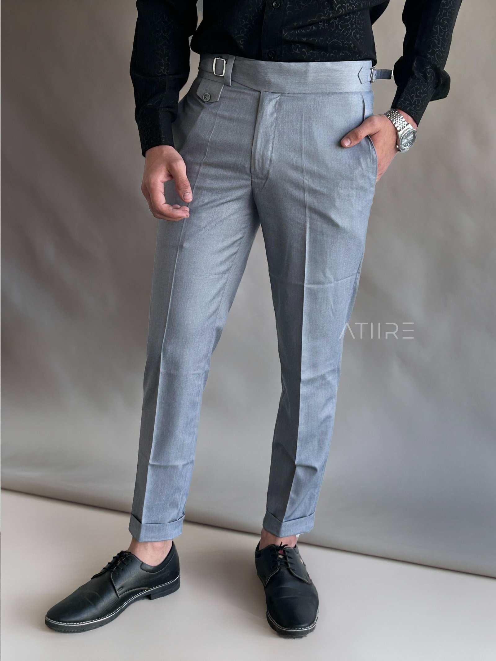 ASH GREY SINGLE PLEATED BUCKLE GURKHA PANTS - Image 3