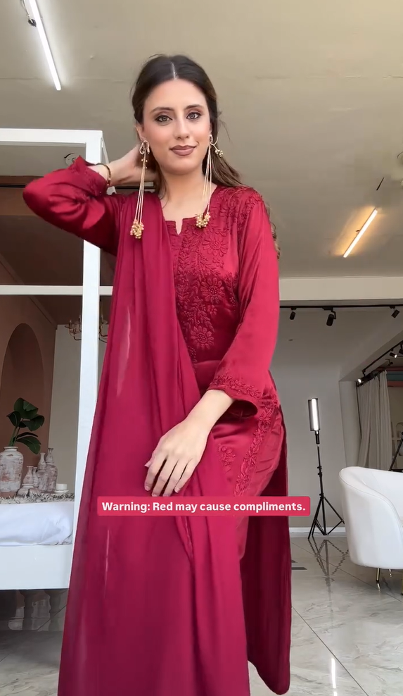 Red chinon chikankari 3 pc set in - Image 2