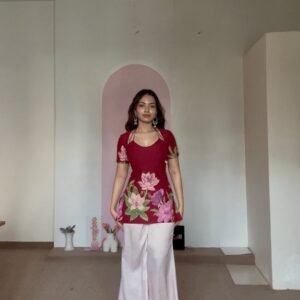 Laila Kurti – Deep Maroon Floral Pure Silk Kurti with Soft Double Lining