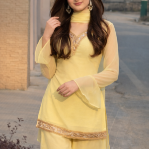 Lemon Yellow Georgette Kurta Set with Palazzo & Dupatta – Gold Embroidered Border